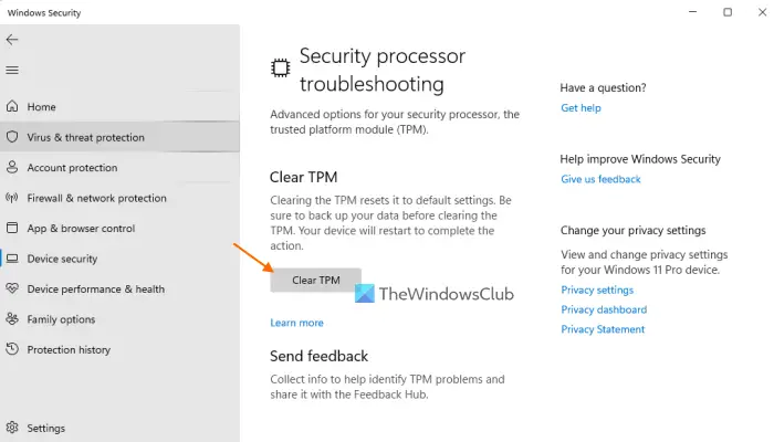 clear tpm to reset to default settings