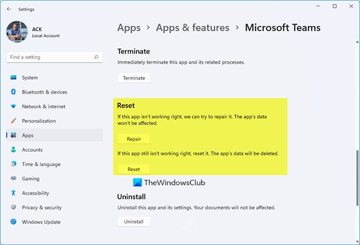 Repair or Reset Microsoft Teams