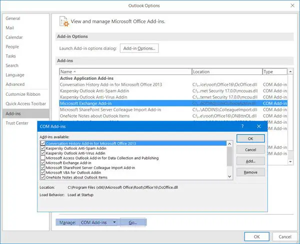 enable, disable or remove Microsoft Outlook add-ins