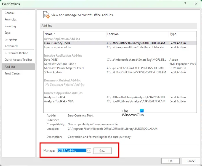 Disable add-ins in Excel