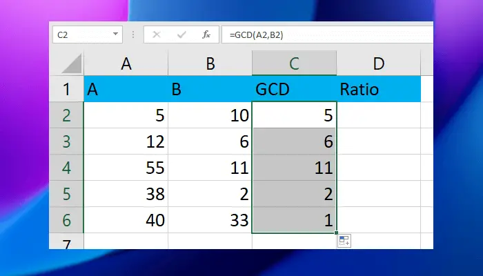 Use GCD formula in Excel