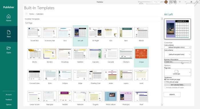 MIcrosoft Publisher Calendar Template options