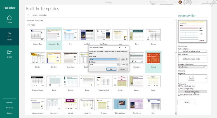 MIcrosoft Publisher choose calendar date window