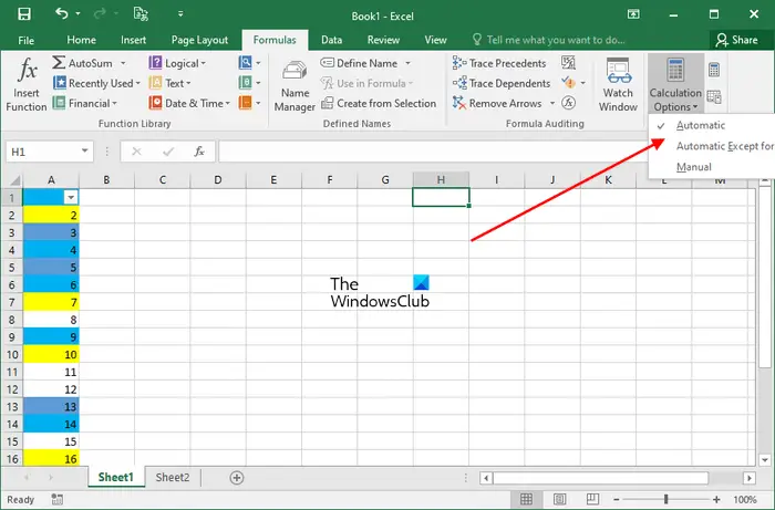 Set Calculation Options to Automatic