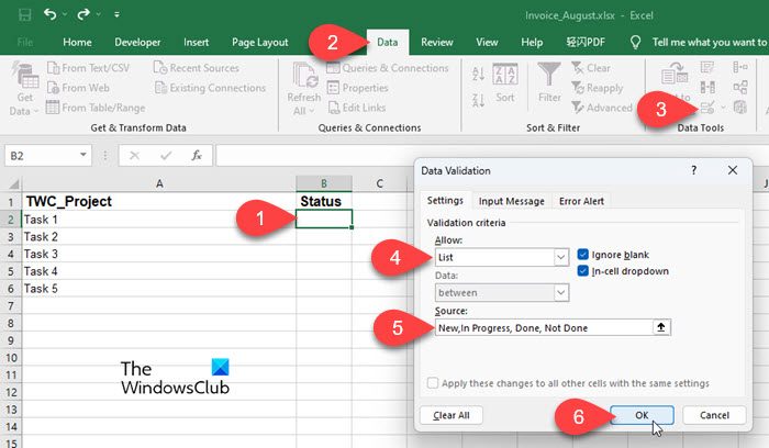 Creating a dropdown list in Excel