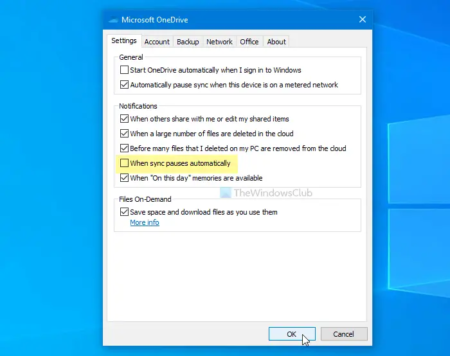 Disable OneDrive Sync paused notification on Windows PC