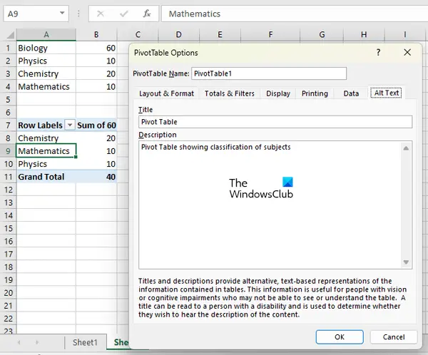 Add Alt Text to PivotTable in Excel