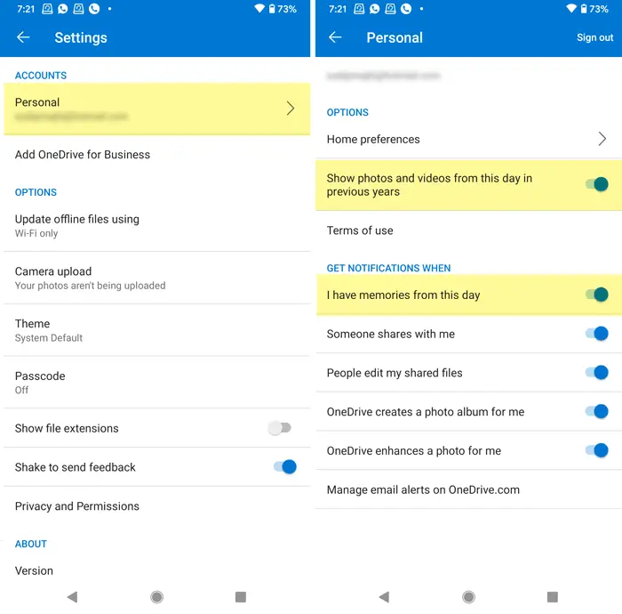 How to disable OneDrive On this day notifications on Android