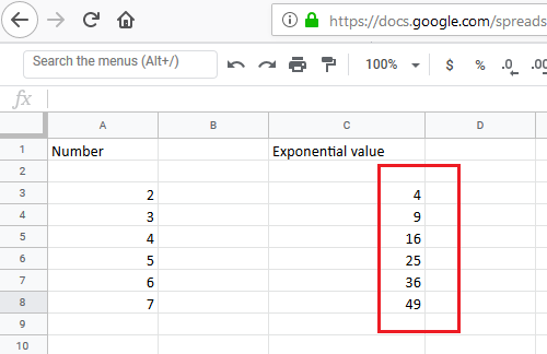 How to do an exponential calculation of numbers in a range of cells in Excel using the Power function