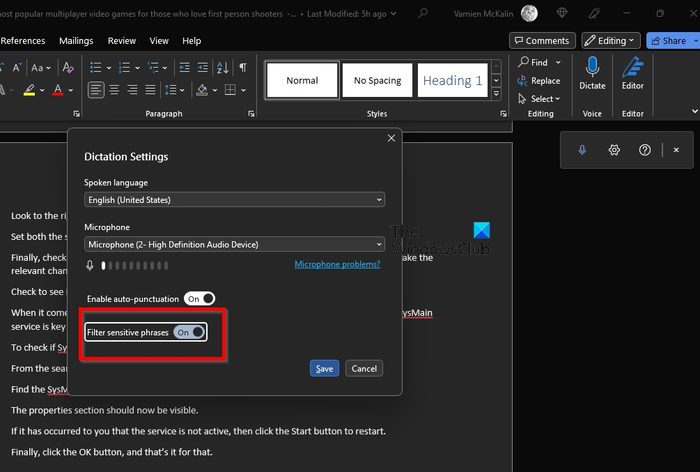 Microsoft Word Dictate Filter Sensitive Phrases