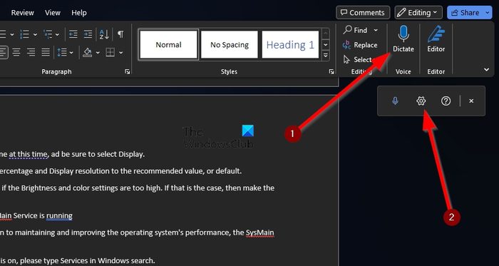 Microsoft Word Dictate Settings