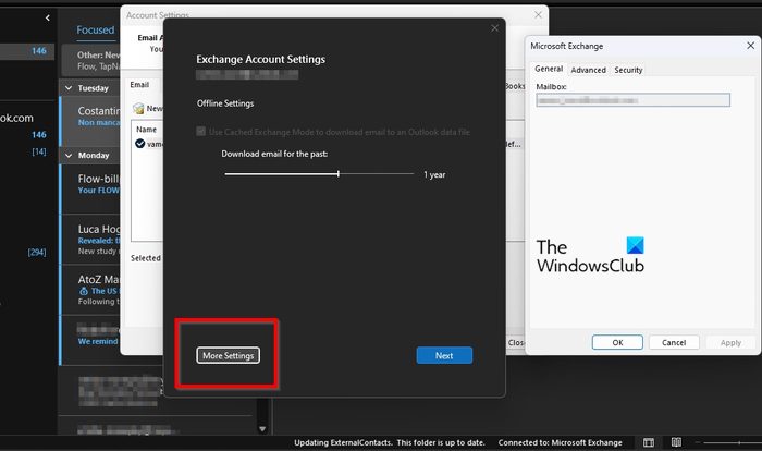 Outlook Account Settings Microsoft Exchange More Settings