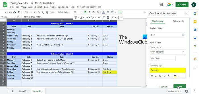 Creating a Google Sheets calendar from scratch - apply conditional formatting