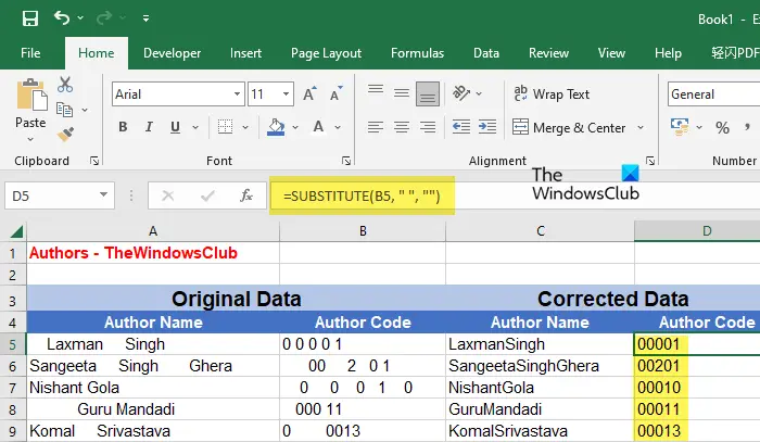 Remove spaces using the SUBSTITUTE() function in Excel