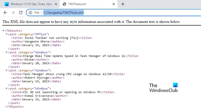 XML file opened in Google Chrome