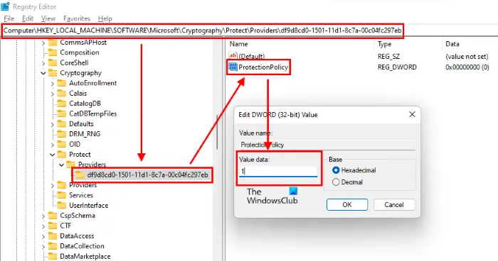 Change ProtectionPolicy to 1 regedit