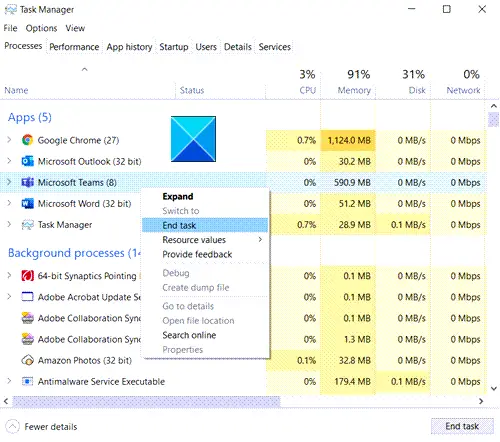 Microsoft Teams End Task