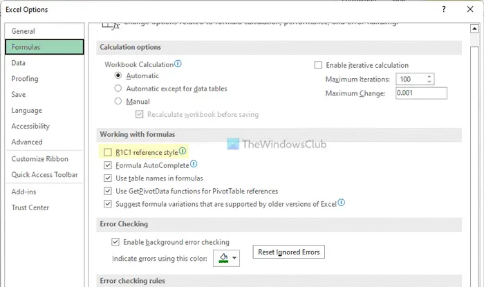 How to enable R1C1 reference style in excel