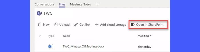 Open in SharePoint option in Microsoft Teams
