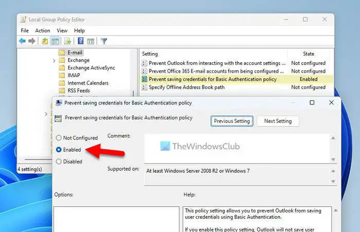 How to configure saving credentials for Basic Authentication in Outlook