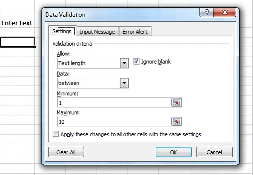 error messages in excel data validation settings