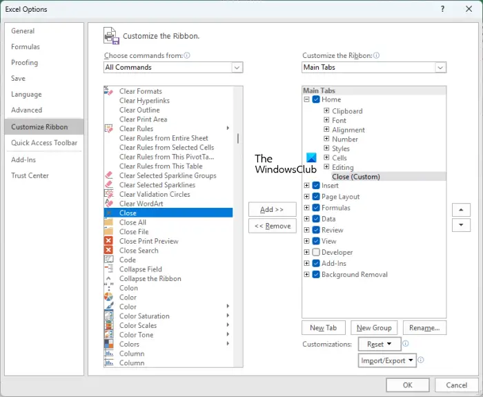 Add the Close button in Excel