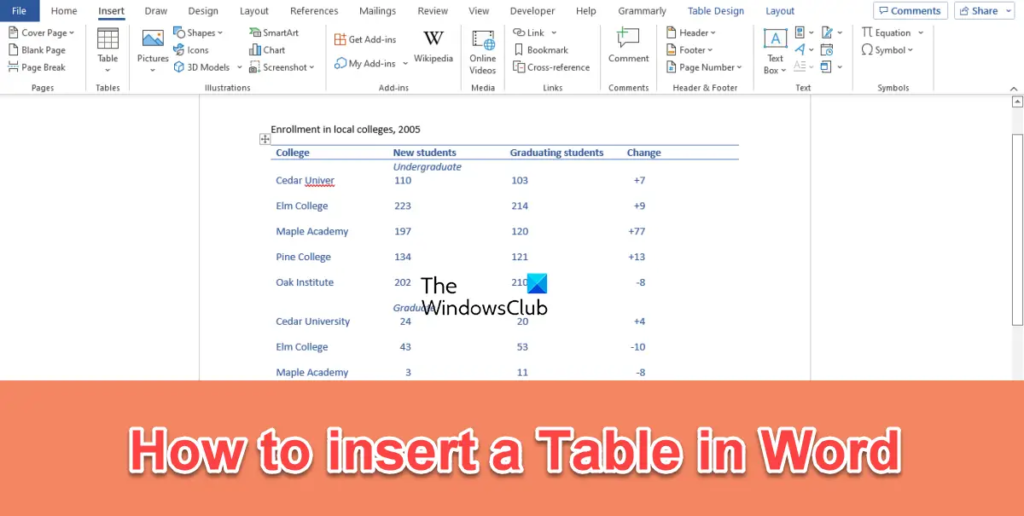 How to insert a Table in Word