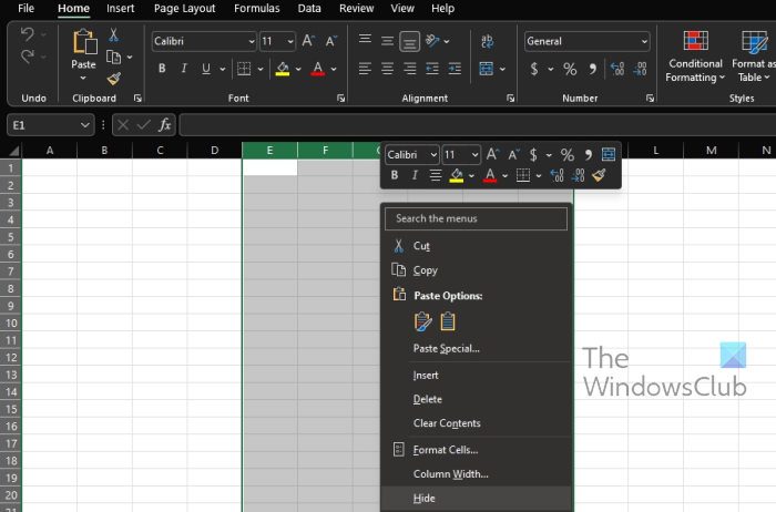 Hide Columns Microsoft Excel