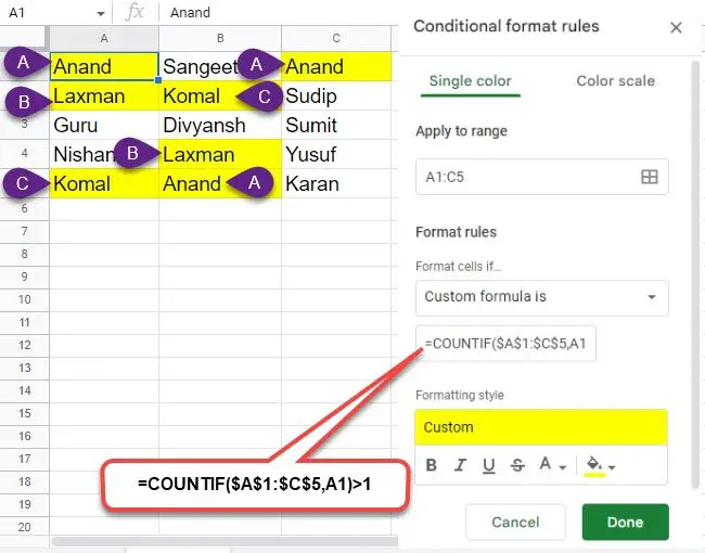 Highlight duplicate cells in multiple Google Sheets columns