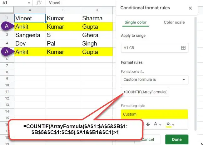 Highlight complete row duplicates in Google Sheets