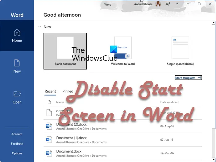 Disable Start Screen in Word