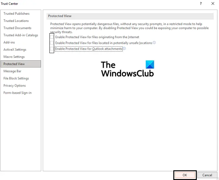 disable protected view in Excel