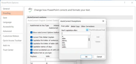 Add or remove AutoCorrect Exceptions in Word, Excel, PowerPoint