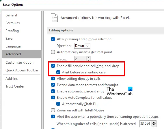 How to enable Fill Handle in Excel