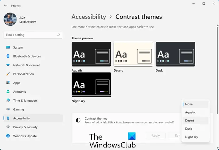 enable or disable High Contrast Mode in Windows