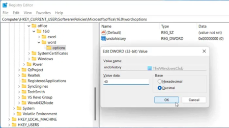 How to change Undo limit in Word document