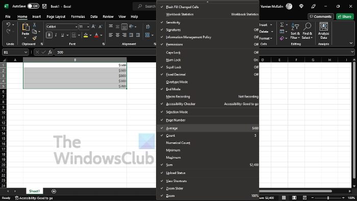 Copy Values From Status Bar Excel