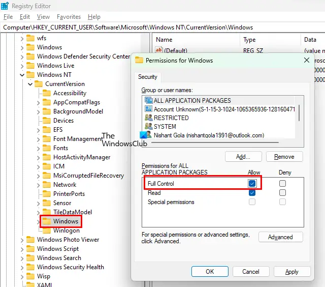 Edit Permissions in Registry Editor