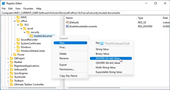 How to enable or disable Trusted Documents in Word, Excel, PowerPoint