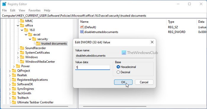 How to enable or disable Trusted Documents in Word, Excel, PowerPoint