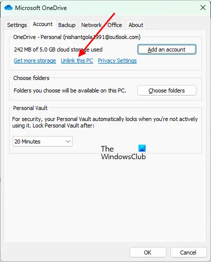 Unlink your account from OneDrive