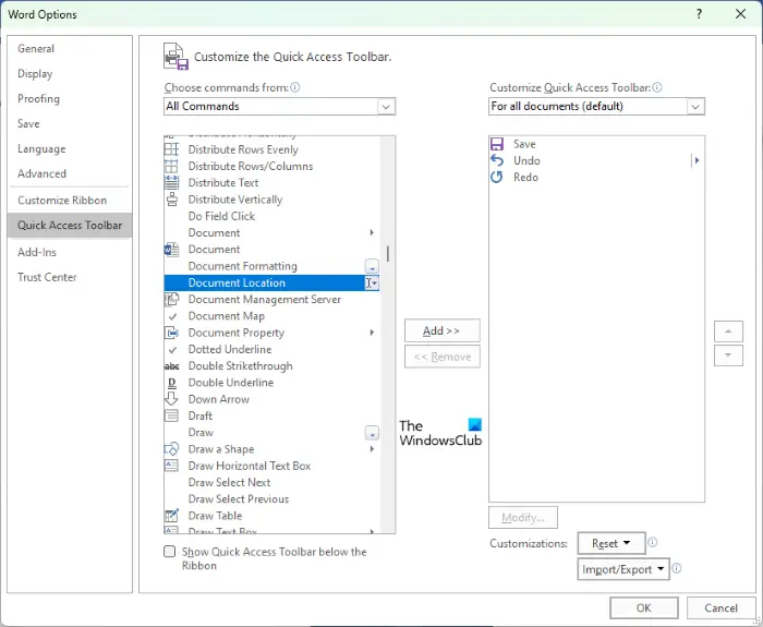 Add Document Location to Quick Access Toolbar