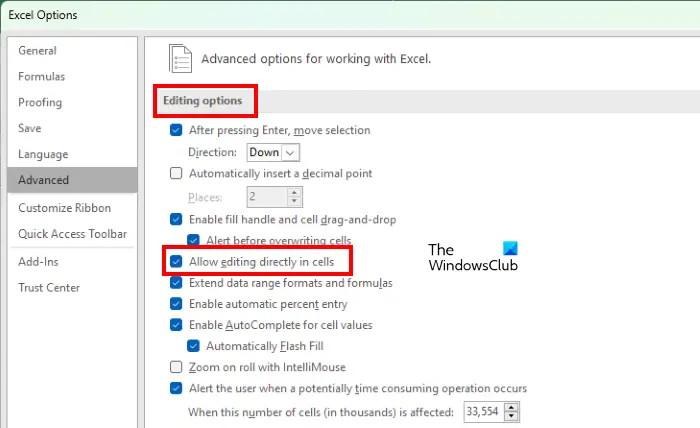 Check Editing options setting in Excel