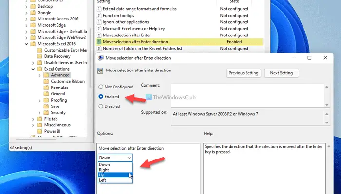 How to change selection direction after pressing Enter in Excel