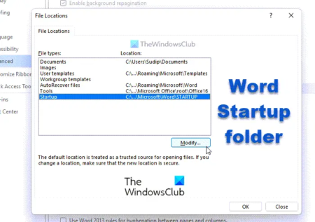 How to change the Startup folder of Word