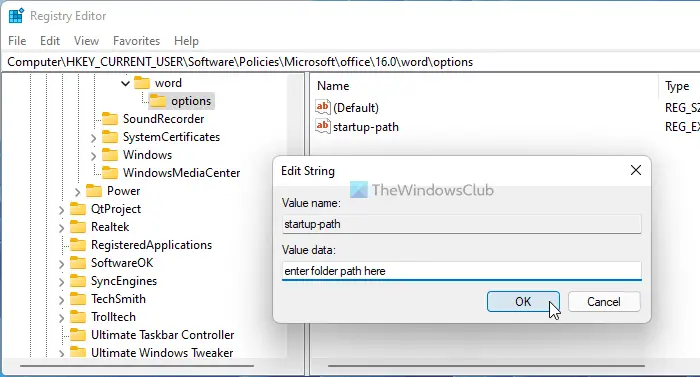 How to change the Startup folder of Word