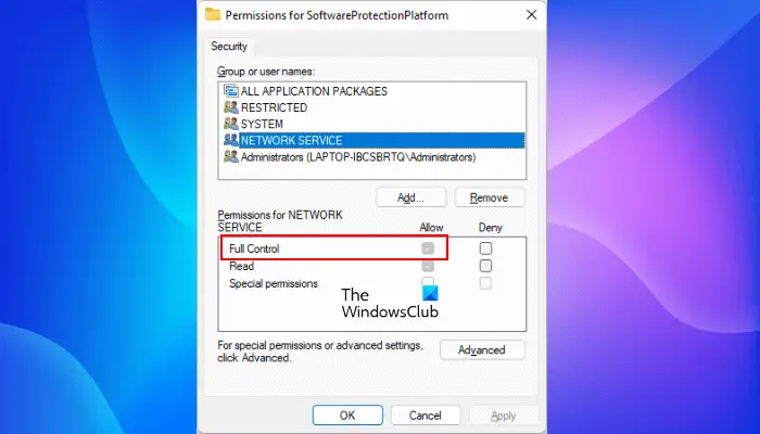 Allow Network Service permission