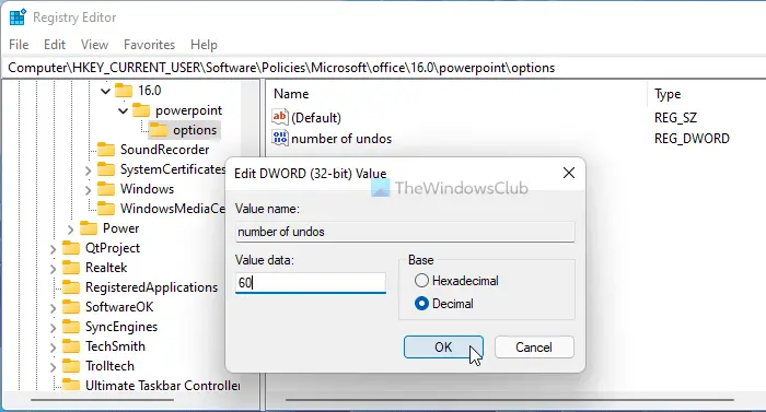 How to increase or decrease the maximum number of undos in PowerPoint