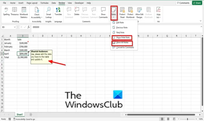 How to add, insert and use Notes in Excel