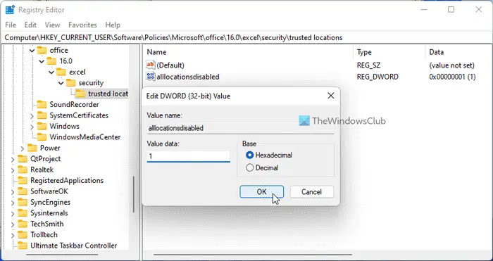 How to enable or disable Trusted Locations in Microsoft Office using Registry